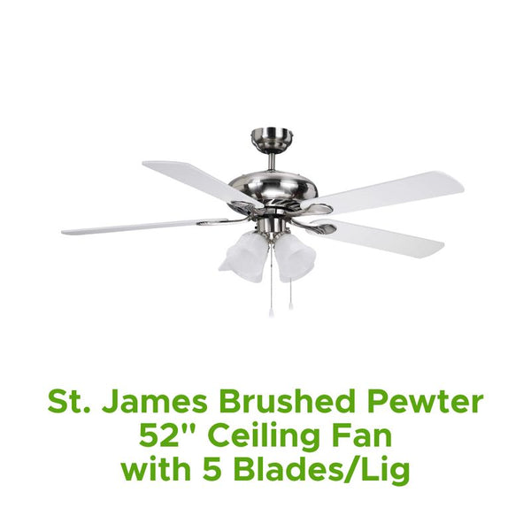 St. James Brushed Pewter 52" Ceiling Fan W/ 5 Blades/Light