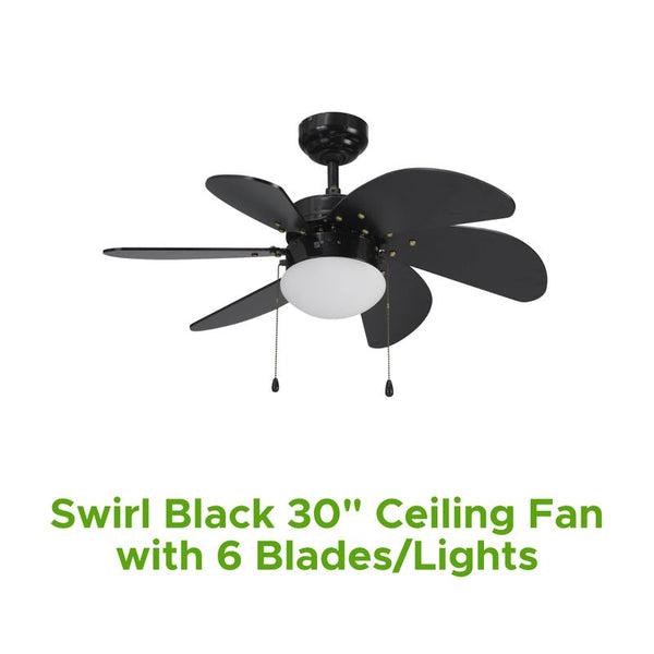 Swirl Black 30" Ceiling Fan W/ 6 Blades/Lights