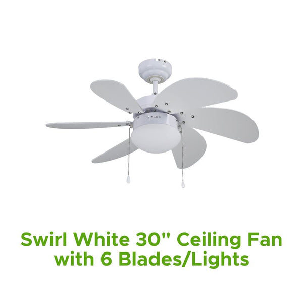 Swirl White 30" Ceiling Fan W/ 6 Blades/Lights