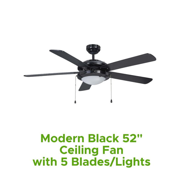 Modern Black 52" Ceiling Fan W/ 5 Blades/Lights