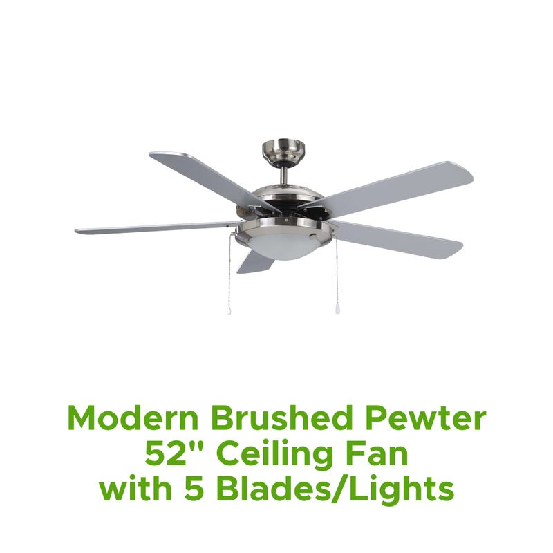 Modern Brushed Pewter 52" Ceiling Fan W/ 5 Blades/Lights