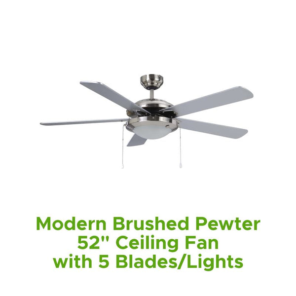 Modern Brushed Pewter 52" Ceiling Fan W/ 5 Blades/Lights