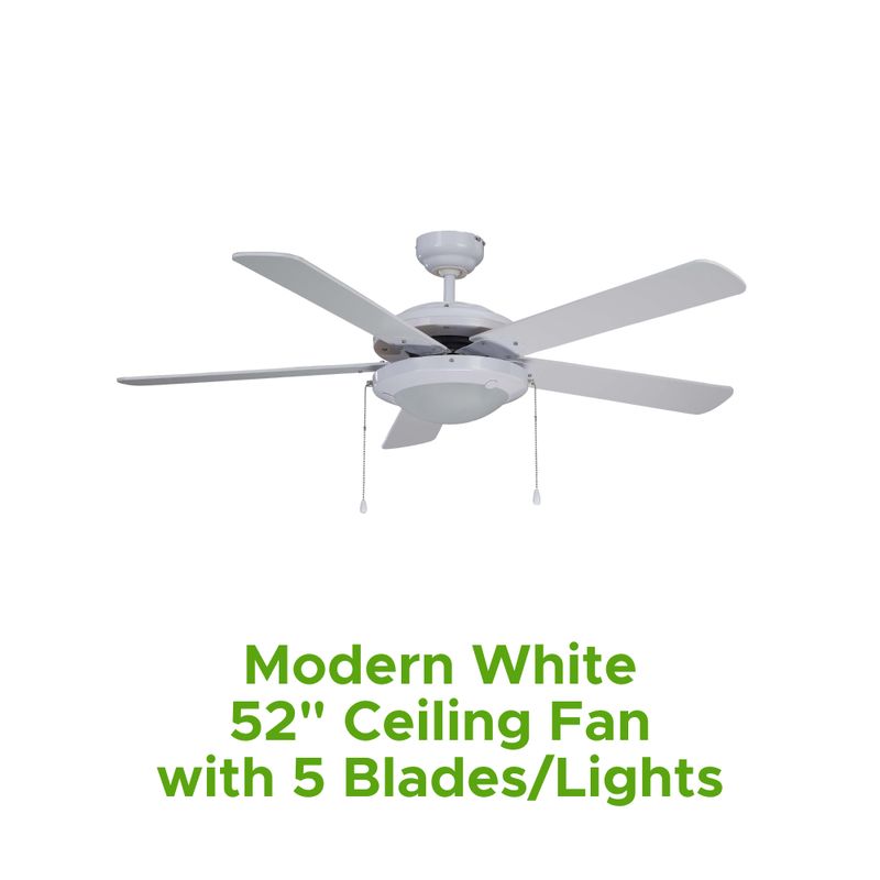 Modern White 52" Ceiling Fan W/ 5 Blades/Lights
