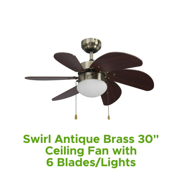 Swirl Antique Brass 30" Ceiling Fan W/ 6 Blades/Lights