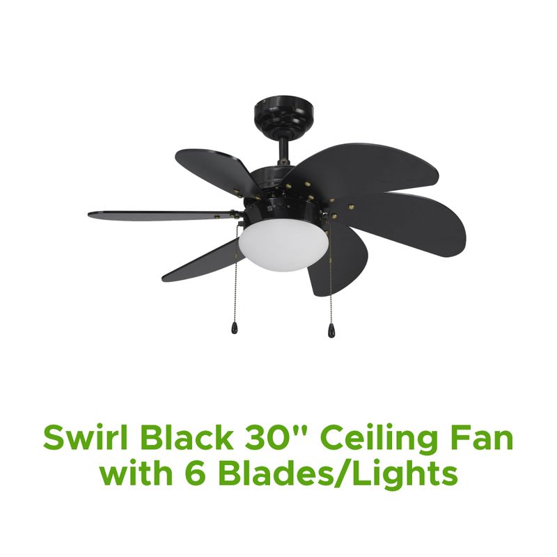 Swirl Black 30" Ceiling Fan W/ 6 Blades/Lights