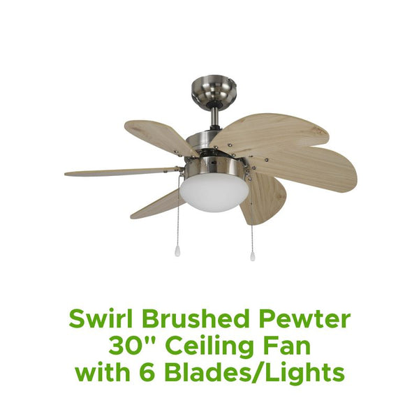 Swirl Brushed Pewter 30" Ceiling Fan W/ 6 Blades/Lights